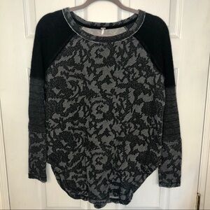 Free People Thermal Grey & Black Lace printed top with Zippers XS